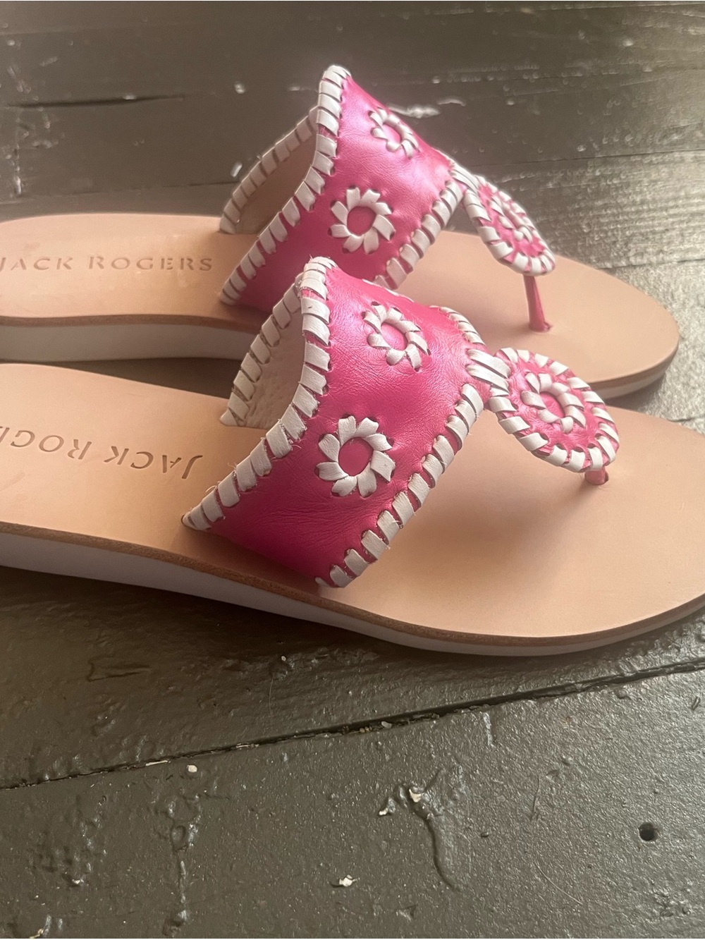 Jack Rogers Boating Jacks Pink Leather Whipstitch Thong Sandals - Picture 2 of 5